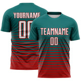 Custom Teal White-Red Gradient Pinstripe Sublimation Soccer Uniform Jersey