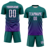 Custom Teal White-Purple Gradient Pinstripe Sublimation Soccer Uniform Jersey