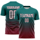 Custom Teal White-Crimson Gradient Pinstripe Sublimation Soccer Uniform Jersey