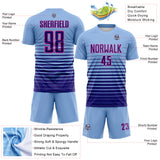 Custom Light Blue Dark Purple-Pink Gradient Pinstripe Sublimation Soccer Uniform Jersey