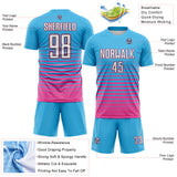 Custom Sky Blue White Pink-Black Gradient Pinstripe Sublimation Soccer Uniform Jersey