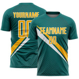 Custom Teal Gold-White Diagonal Stripes Sports Sublimation Soccer Uniform Jersey
