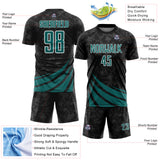 Custom Black Teal-White Distressed Diagonal Stripes Wind Shapes Sports Sublimation Soccer Uniform Jersey