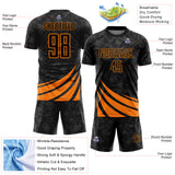 Custom Black Bay Orange Distressed Diagonal Stripes Wind Shapes Sports Sublimation Soccer Uniform Jersey