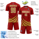 Custom Red Old Gold-White Distressed Diagonal Stripes Wind Shapes Sports Sublimation Soccer Uniform Jersey