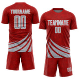 Custom Red Gray-White Distressed Diagonal Stripes Wind Shapes Sports Sublimation Soccer Uniform Jersey
