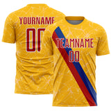 Custom Gold Red Blue-White Colombia Network Pattern Diagonal Stripe Sublimation Soccer Uniform Jersey