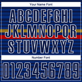 Custom Royal Navy Yellow-Red Colombia Horizontal Stripes Geometric Aztec Tribal Pattern Sublimation Soccer Uniform Jersey