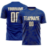 Custom Royal White-Old Gold Curve Lines Sublimation Soccer Uniform Jersey