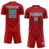 Custom Red Teal-White Curve Lines Sublimation Soccer Uniform Jersey
