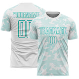 Custom White-Aqua Curve Lines Sublimation Soccer Uniform Jersey