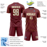 Custom Burgundy White-Old Gold Curve Lines Sublimation Soccer Uniform Jersey