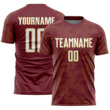 Custom Burgundy White-Old Gold Curve Lines Sublimation Soccer Uniform Jersey