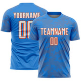 Custom Powder Blue White-Orange Curve Lines Sublimation Soccer Uniform Jersey