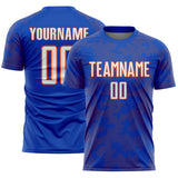 Custom Thunder Blue White-Orange Curve Lines Sublimation Soccer Uniform Jersey