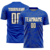 Custom Thunder Blue White-Old Gold Curve Lines Sublimation Soccer Uniform Jersey