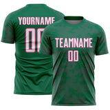 Custom Kelly Green White-Pink Curve Lines Sublimation Soccer Uniform Jersey