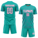 Custom Aqua White-Pink Curve Lines Sublimation Soccer Uniform Jersey