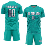 Custom Aqua White-Navy Curve Lines Sublimation Soccer Uniform Jersey