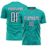 Custom Aqua White-Navy Curve Lines Sublimation Soccer Uniform Jersey