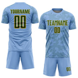 Custom Light Blue Green-Gold Curve Lines Sublimation Soccer Uniform Jersey