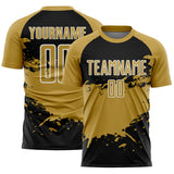 Custom Old Gold Black-White Splash Color Block Sublimation Soccer Uniform Jersey