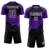 Custom Purple Black-White Splash Color Block Sublimation Soccer Uniform Jersey