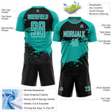 Custom Aqua Black-White Splash Color Block Sublimation Soccer Uniform Jersey