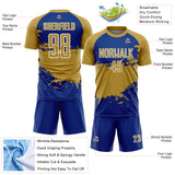 Custom Old Gold Royal-White Splash Color Block Sublimation Soccer Uniform Jersey
