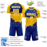 Custom Yellow Royal-White Splash Color Block Sublimation Soccer Uniform Jersey