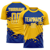 Custom Yellow Royal-White Splash Color Block Sublimation Soccer Uniform Jersey