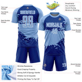 Custom Light Blue Royal-White Splash Color Block Sublimation Soccer Uniform Jersey