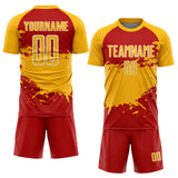 Custom Gold Red-White Splash Color Block Sublimation Soccer Uniform Jersey