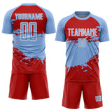Custom Light Blue Red-White Splash Color Block Sublimation Soccer Uniform Jersey