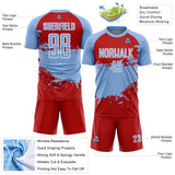 Custom Light Blue Red-White Splash Color Block Sublimation Soccer Uniform Jersey