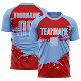 Custom Light Blue Red-White Splash Color Block Sublimation Soccer Uniform Jersey