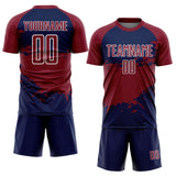 Custom Crimson Navy-White Splash Color Block Sublimation Soccer Uniform Jersey