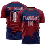 Custom Crimson Navy-White Splash Color Block Sublimation Soccer Uniform Jersey