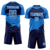 Custom Powder Blue Navy-White Splash Color Block Sublimation Soccer Uniform Jersey
