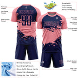 Custom Medium Pink-Navy Splash Color Block Sublimation Soccer Uniform Jersey