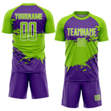 Custom Neon Green Purple-White Splash Color Block Sublimation Soccer Uniform Jersey