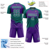 Custom Teal Purple-White Splash Color Block Sublimation Soccer Uniform Jersey