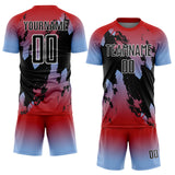 Custom Red Black Light Blue-White Gradient Splash Sublimation Soccer Uniform Jersey