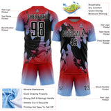 Custom Red Black Light Blue-White Gradient Splash Sublimation Soccer Uniform Jersey