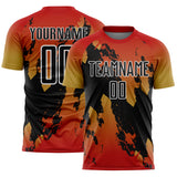 Custom Red Black Old Gold-White Gradient Splash Sublimation Soccer Uniform Jersey