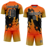 Custom Orange Black Old Gold-White Gradient Splash Sublimation Soccer Uniform Jersey