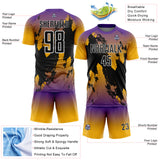 Custom Purple Black Gold-White Gradient Splash Sublimation Soccer Uniform Jersey