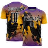 Custom Purple Black Gold-White Gradient Splash Sublimation Soccer Uniform Jersey