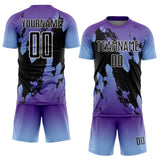 Custom Purple Black Light Blue-White Gradient Splash Sublimation Soccer Uniform Jersey