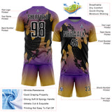 Custom Purple Black Old Gold-White Gradient Splash Sublimation Soccer Uniform Jersey